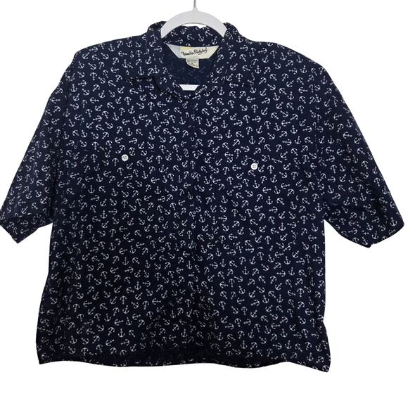 Diane Von Furstenberg DVF Navy Blue Anchor Print Cotton Button Down Up Top M - Picture 1 of 6